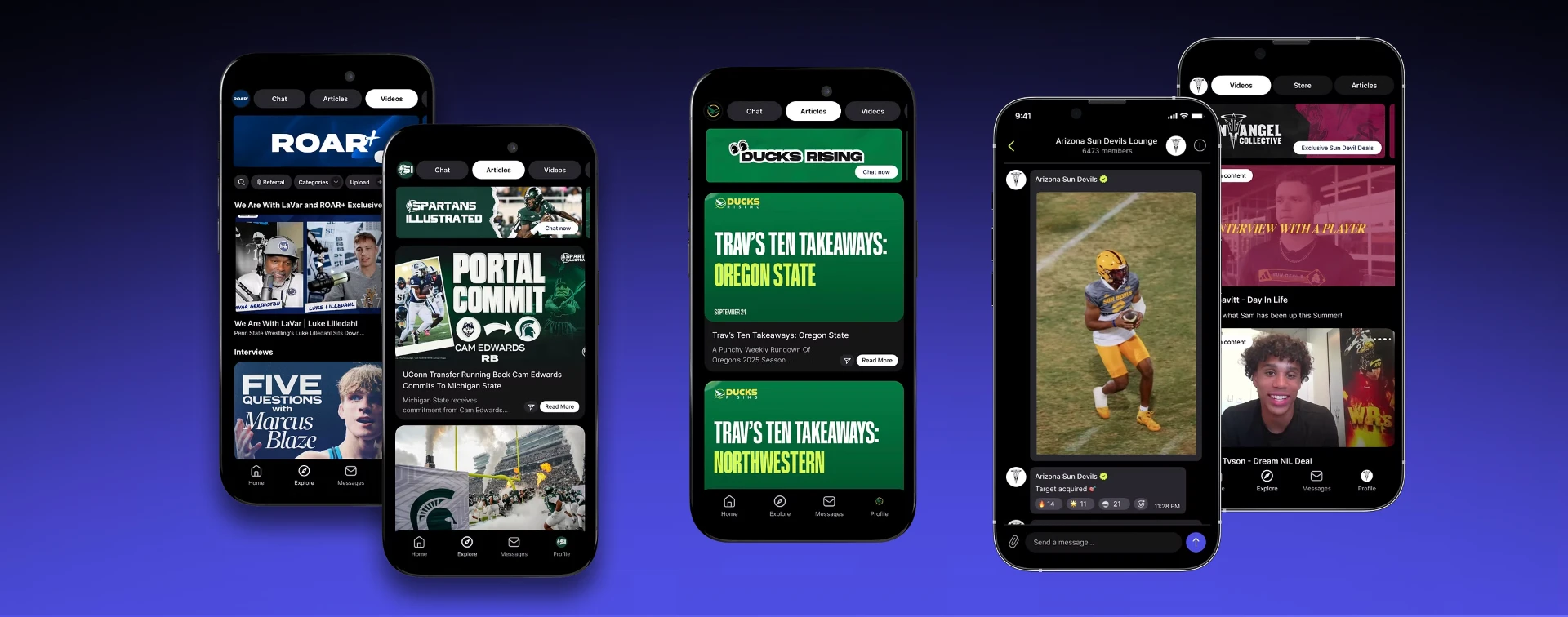Lockerverse fan app screens for ROAR+, Spartans Illustrated, Ducks Rising, Arizona Sun Devils, and Sun Angel Collective