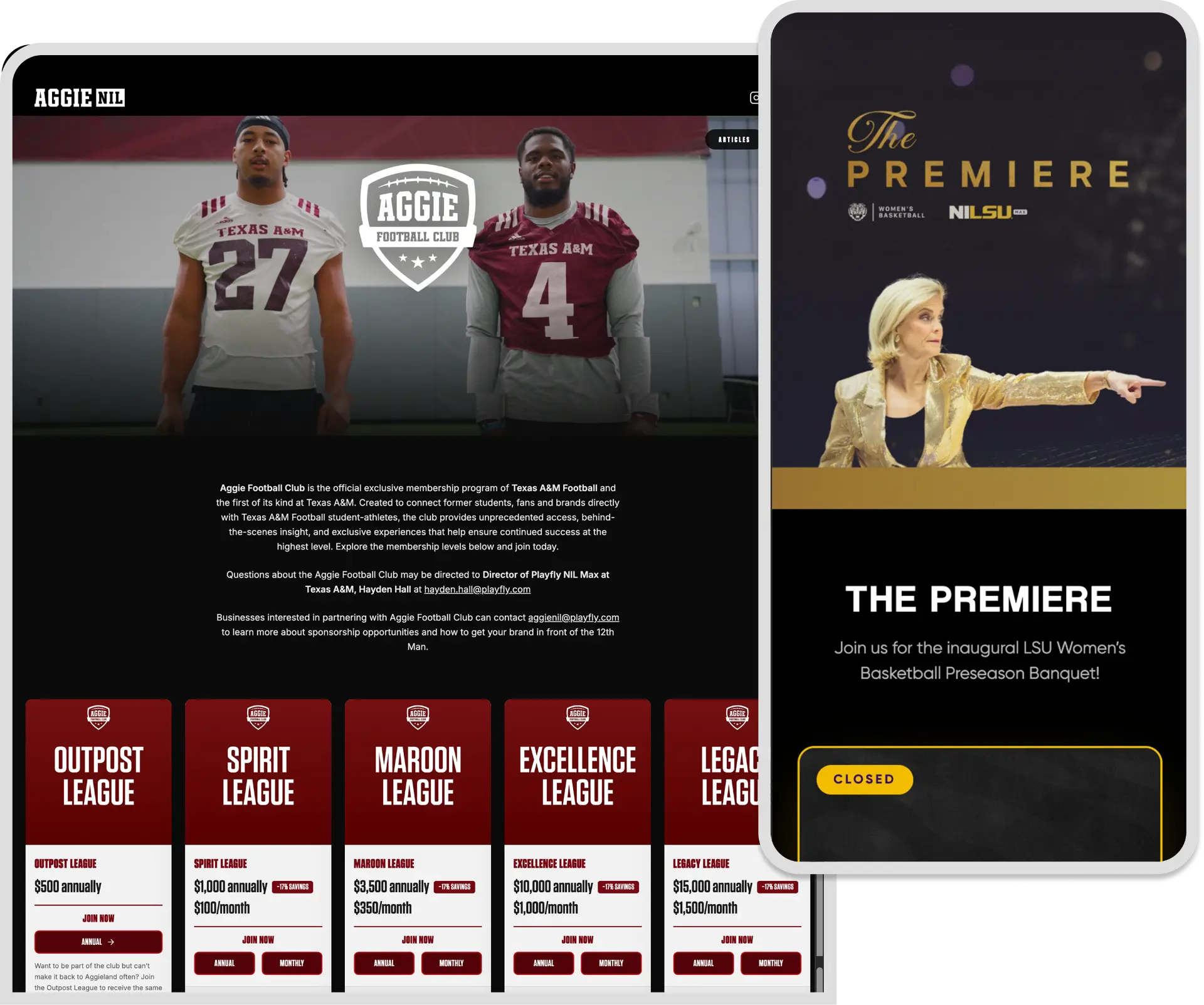 Aggie Football Club membership tiers and LSU event page on Lockerverse