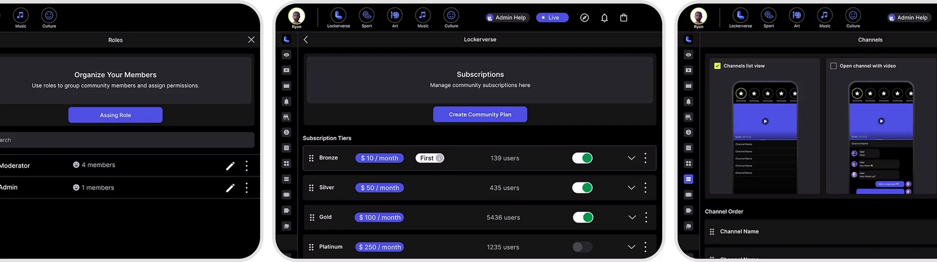 Lockerverse community app — member roles, subscription tiers, and channels